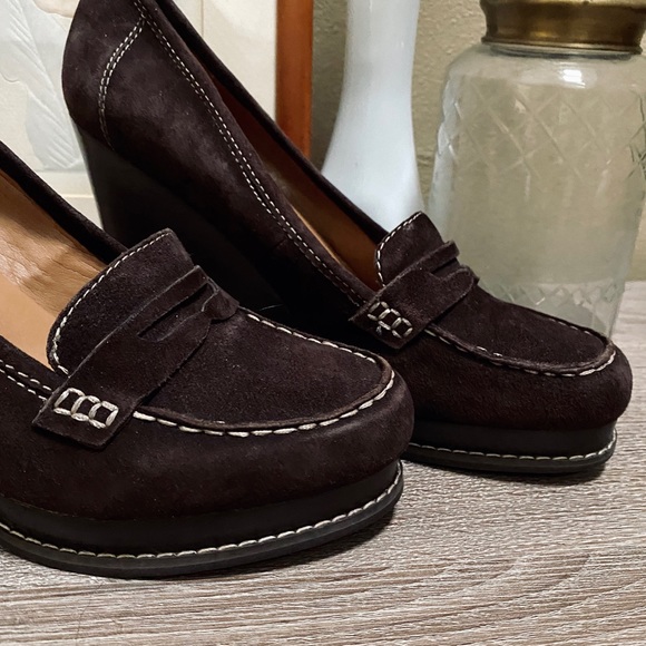 Marc Fisher Brown Suede Penny Loafer Wedge Heels - Picture 2 of 6